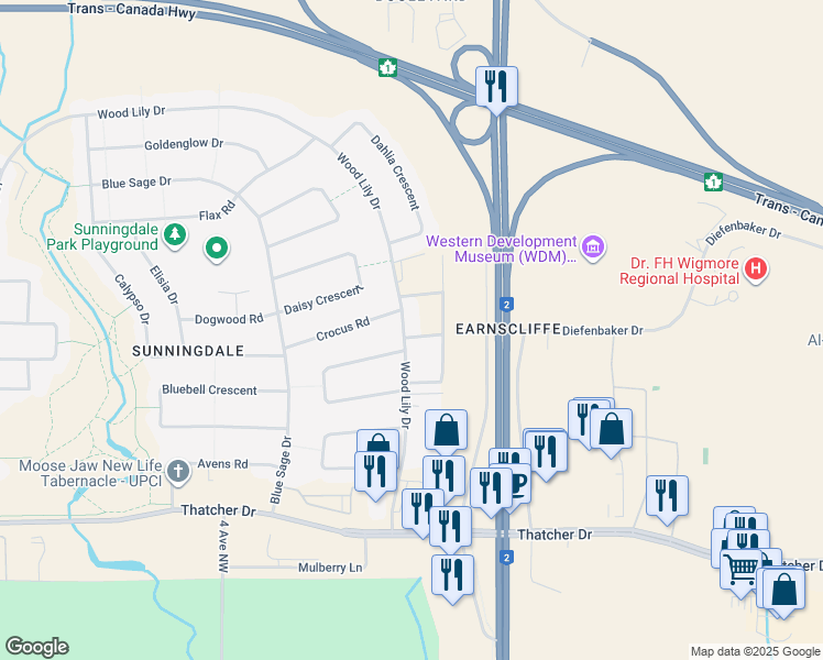 map of restaurants, bars, coffee shops, grocery stores, and more near 54 Wood Lily Drive in Moose Jaw