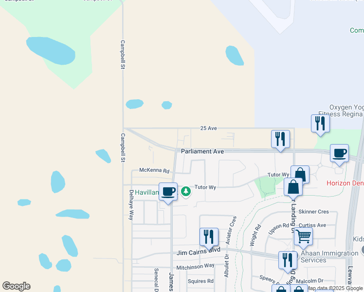 map of restaurants, bars, coffee shops, grocery stores, and more near 5400 Parliament Avenue in Regina