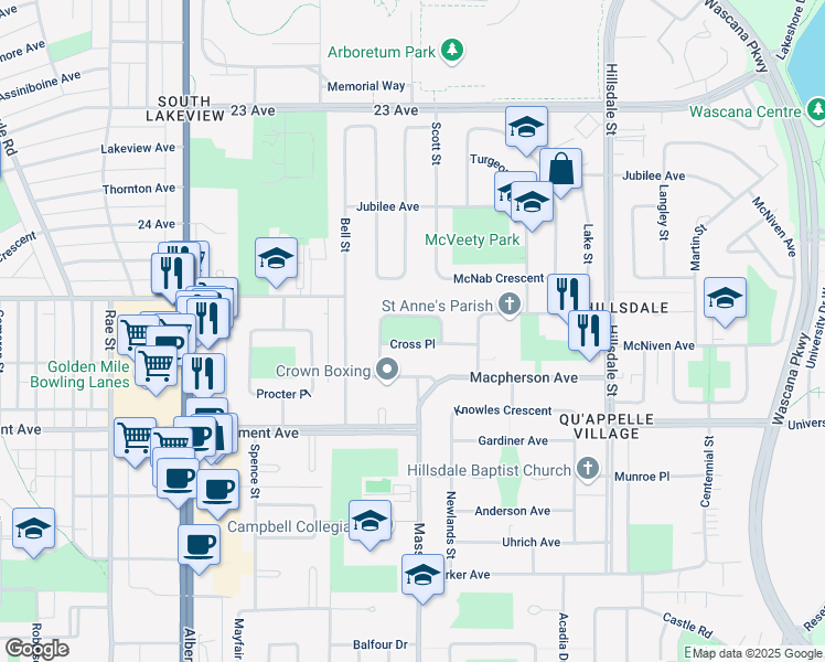 map of restaurants, bars, coffee shops, grocery stores, and more near 2176 Cross Place in Regina