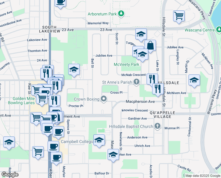 map of restaurants, bars, coffee shops, grocery stores, and more near 2176 Cross Place in Regina