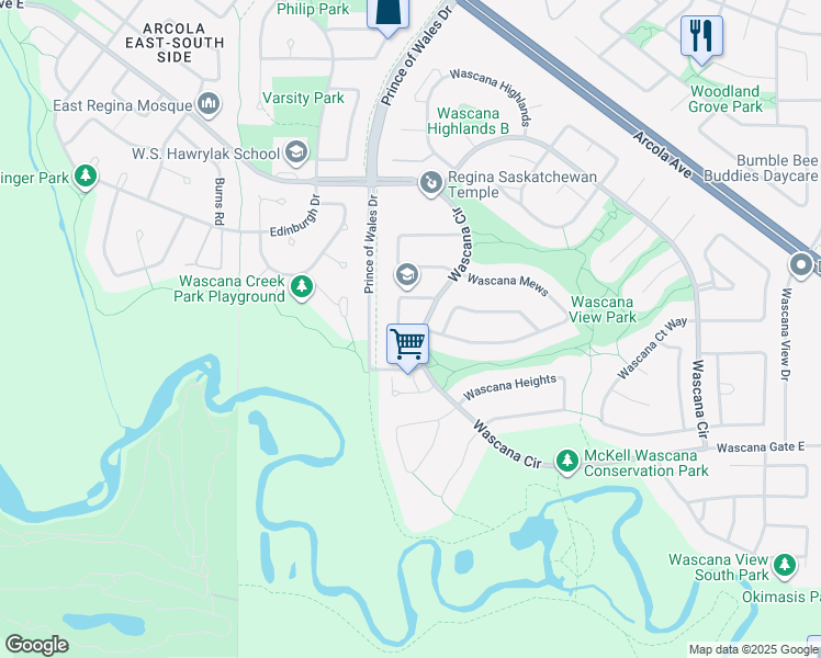 map of restaurants, bars, coffee shops, grocery stores, and more near 11111 Wascana Meadows in Regina