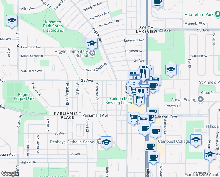 map of restaurants, bars, coffee shops, grocery stores, and more near 3835 Robinson Street in Regina