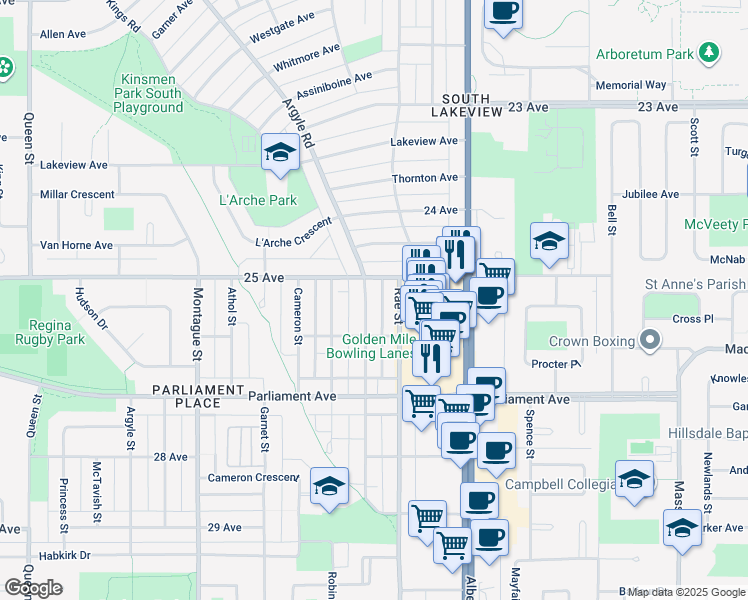map of restaurants, bars, coffee shops, grocery stores, and more near 12-3837 Retallack Street in Regina