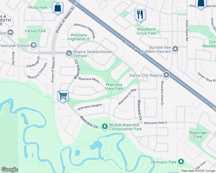 map of restaurants, bars, coffee shops, grocery stores, and more near 9403 Wascana Mews in Regina