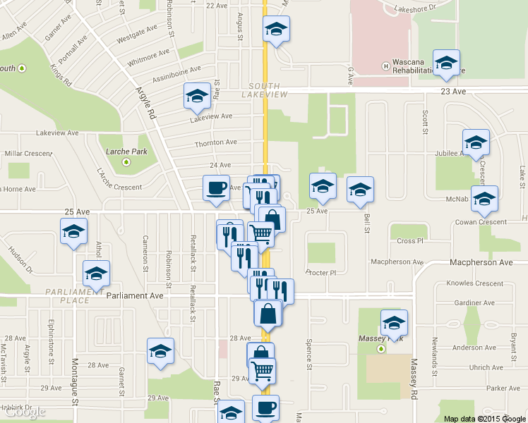 map of restaurants, bars, coffee shops, grocery stores, and more near 2200 25 Ave in Regina