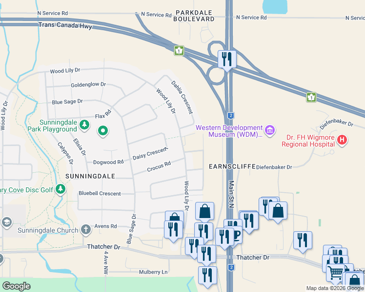 map of restaurants, bars, coffee shops, grocery stores, and more near Wood Lily Drive in Moose Jaw