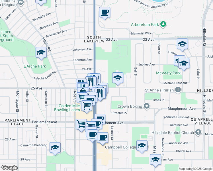 map of restaurants, bars, coffee shops, grocery stores, and more near 2530 25 Avenue in Regina