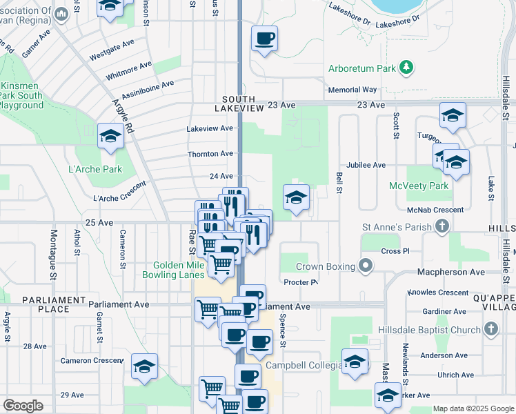 map of restaurants, bars, coffee shops, grocery stores, and more near 2530 25 Avenue in Regina