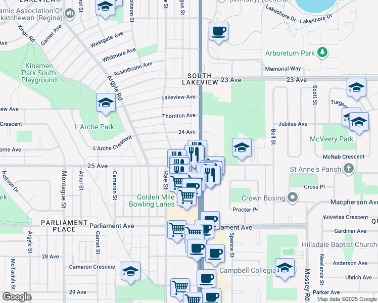 map of restaurants, bars, coffee shops, grocery stores, and more near 2701 Sinton Avenue in Regina