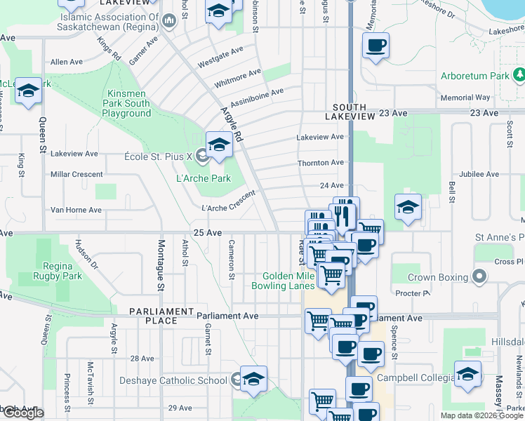 map of restaurants, bars, coffee shops, grocery stores, and more near 3722 Argyle Road in Regina