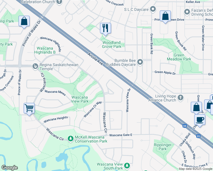 map of restaurants, bars, coffee shops, grocery stores, and more near Wascana Ridge in Regina