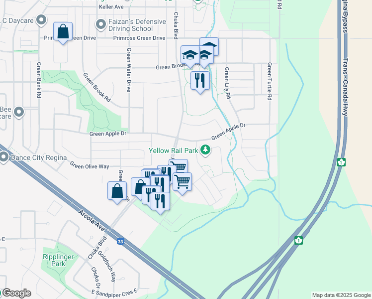 map of restaurants, bars, coffee shops, grocery stores, and more near 5010e Green Jewel Boulevard in Regina