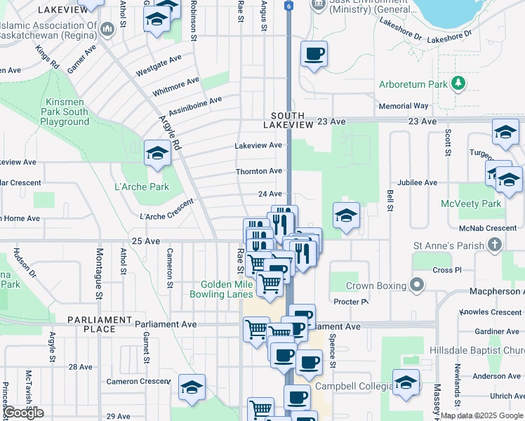 map of restaurants, bars, coffee shops, grocery stores, and more near 2701 Sinton Avenue in Regina