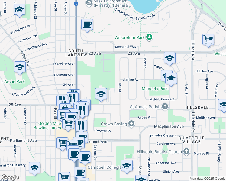 map of restaurants, bars, coffee shops, grocery stores, and more near 2200 25 Avenue in Regina