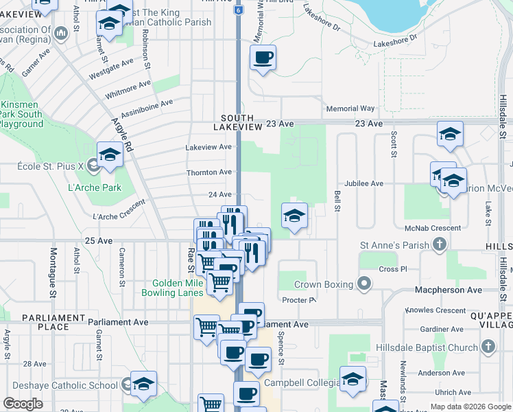 map of restaurants, bars, coffee shops, grocery stores, and more near 3651 Albert Street in Regina