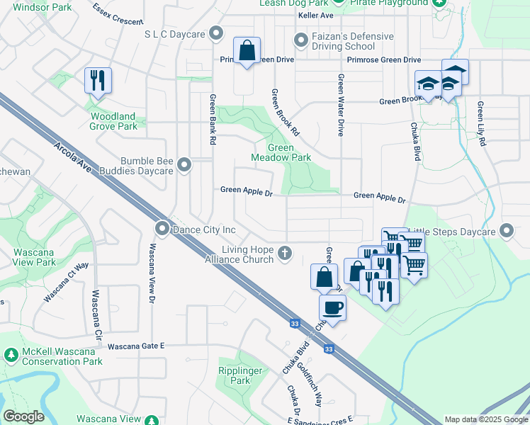 map of restaurants, bars, coffee shops, grocery stores, and more near 4201 Green Olive Way in Regina