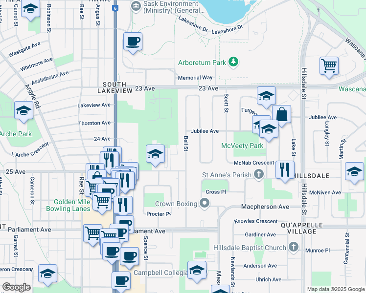 map of restaurants, bars, coffee shops, grocery stores, and more near 22 Bell Street in Regina