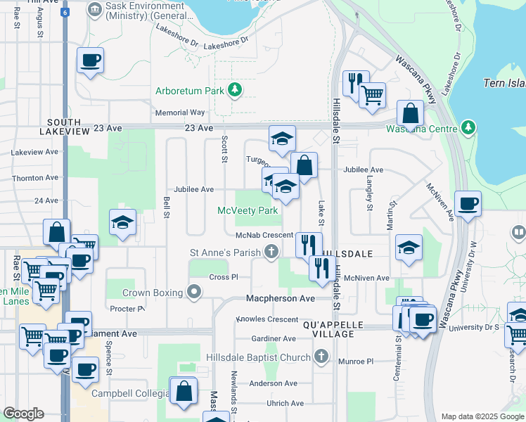 map of restaurants, bars, coffee shops, grocery stores, and more near 1851 Jubilee Avenue in Regina
