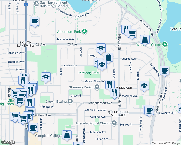 map of restaurants, bars, coffee shops, grocery stores, and more near 1851 Jubilee Avenue in Regina