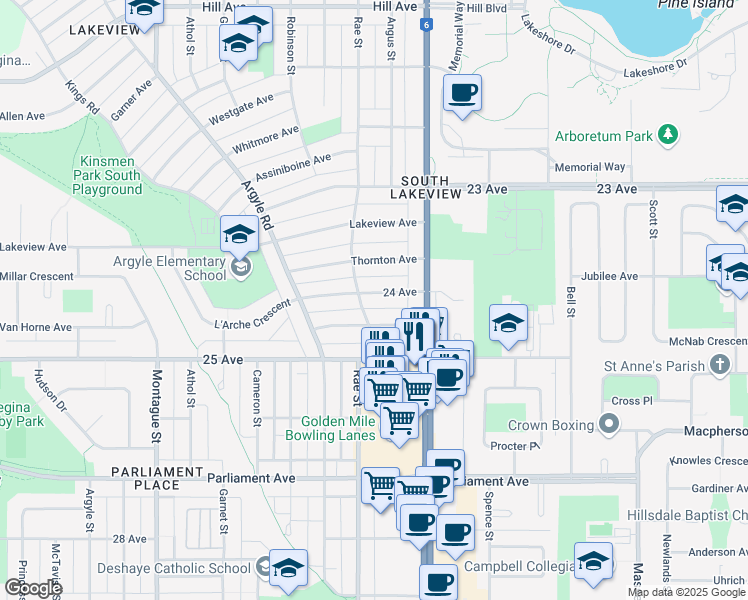 map of restaurants, bars, coffee shops, grocery stores, and more near 2725 24 Avenue in Regina