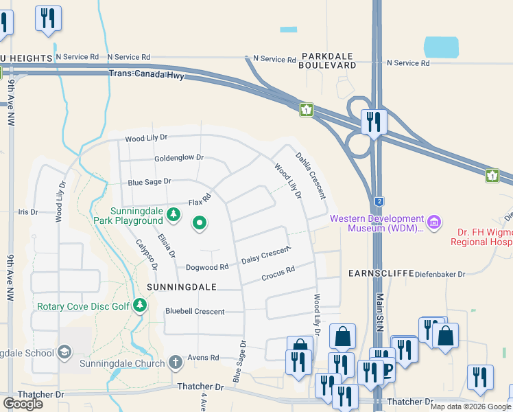 map of restaurants, bars, coffee shops, grocery stores, and more near 66 Edelweiss Crescent in Moose Jaw
