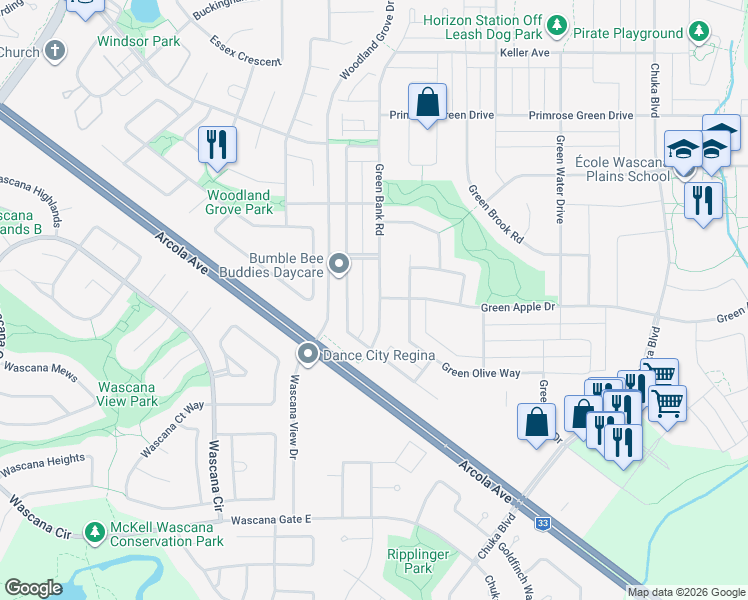 map of restaurants, bars, coffee shops, grocery stores, and more near 3653 Green Bank Road in Regina