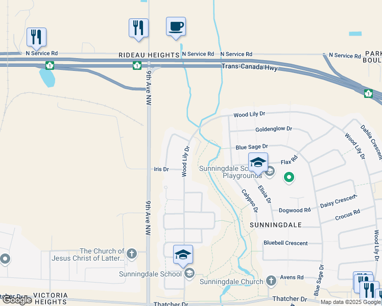 map of restaurants, bars, coffee shops, grocery stores, and more near 374 Wood Lily Drive in Moose Jaw