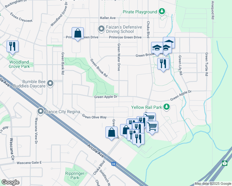 map of restaurants, bars, coffee shops, grocery stores, and more near 3630 Green Water Drive in Regina