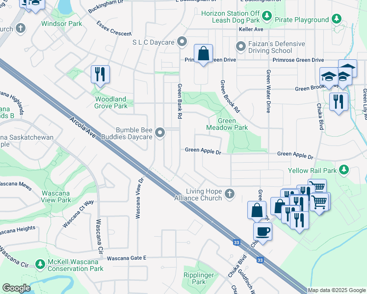 map of restaurants, bars, coffee shops, grocery stores, and more near 3636 Green Bank Road in Regina