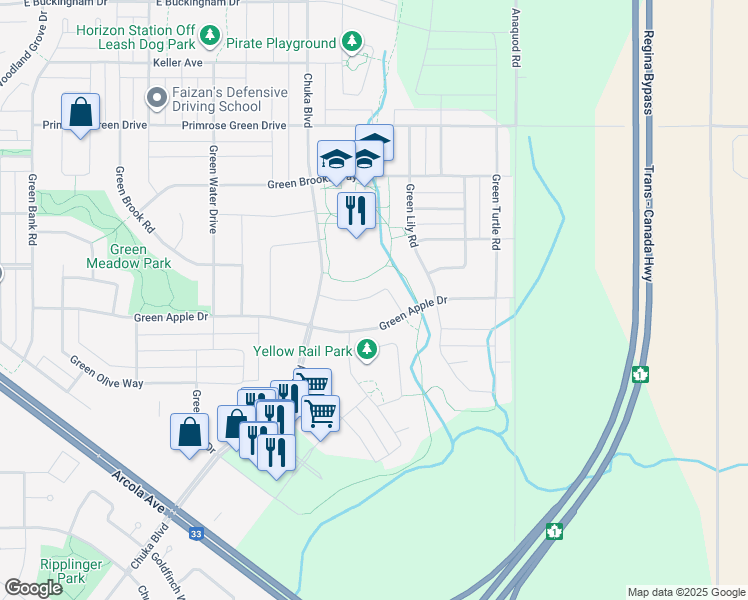 map of restaurants, bars, coffee shops, grocery stores, and more near 4813 Green View Crescent in Regina