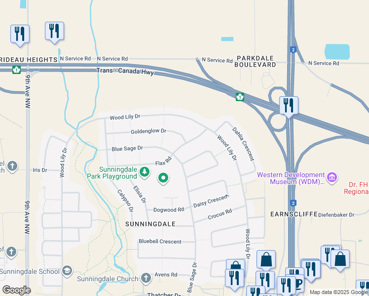 map of restaurants, bars, coffee shops, grocery stores, and more near 33 Flax Road in Moose Jaw