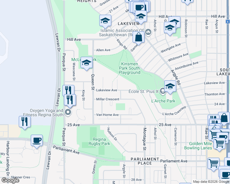 map of restaurants, bars, coffee shops, grocery stores, and more near 3623 Lakeview Avenue in Regina
