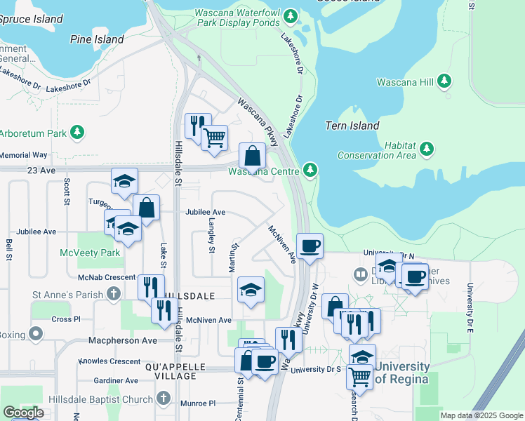 map of restaurants, bars, coffee shops, grocery stores, and more near 5 Langley Street in Regina