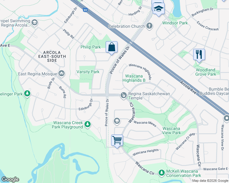 map of restaurants, bars, coffee shops, grocery stores, and more near 1226 Wascana Highlands in Regina