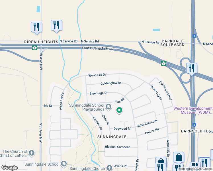 map of restaurants, bars, coffee shops, grocery stores, and more near 73 Goldenglow Drive in Moose Jaw