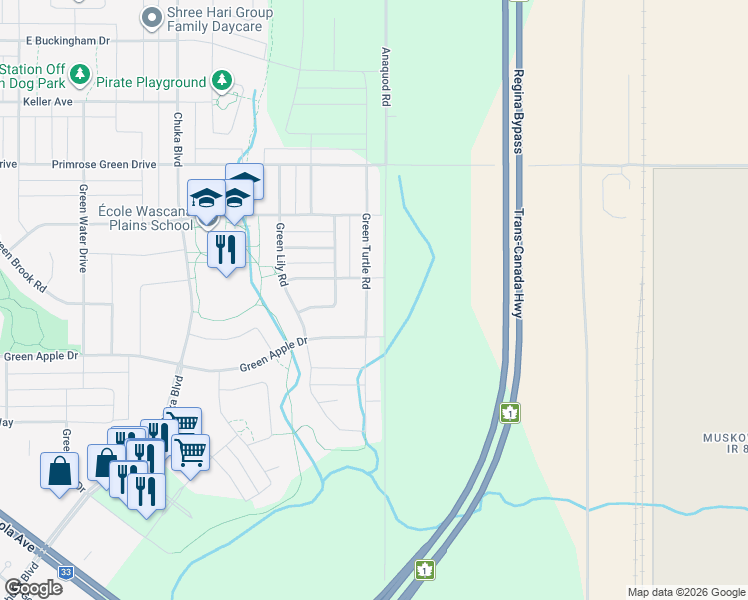 map of restaurants, bars, coffee shops, grocery stores, and more near 3503 Green Turtle Road in Regina