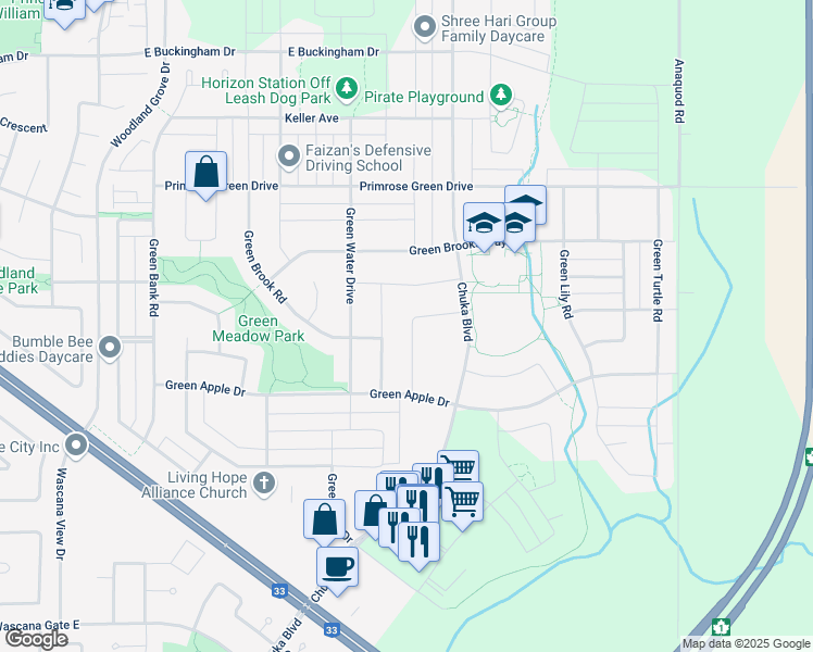 map of restaurants, bars, coffee shops, grocery stores, and more near 3554 Green Marsh Crescent in Regina