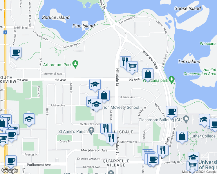 map of restaurants, bars, coffee shops, grocery stores, and more near 30 Cannington Mews in Regina