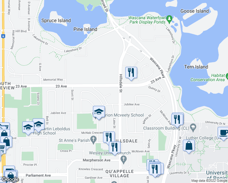 map of restaurants, bars, coffee shops, grocery stores, and more near 30 Cannington Mews in Regina