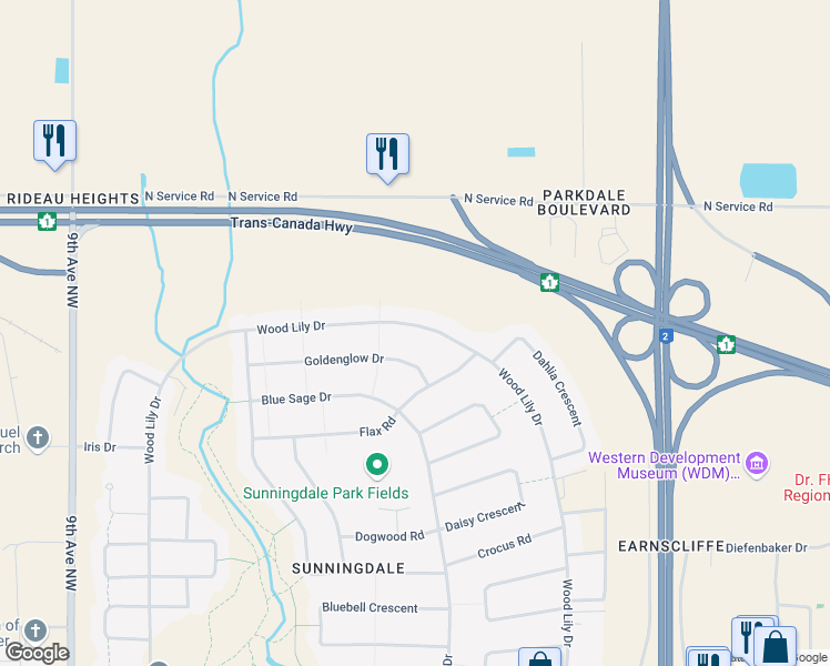 map of restaurants, bars, coffee shops, grocery stores, and more near 202 Wood Lily Drive in Moose Jaw