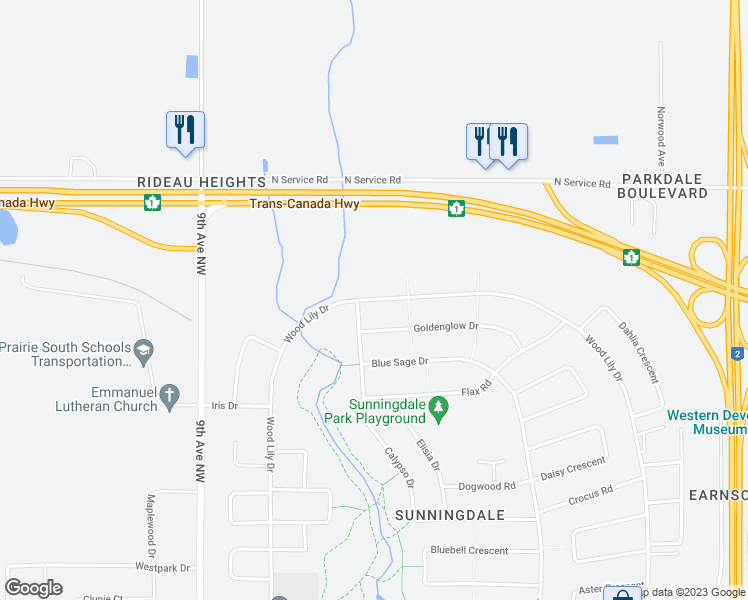 map of restaurants, bars, coffee shops, grocery stores, and more near 306 Wood Lily Drive in Moose Jaw
