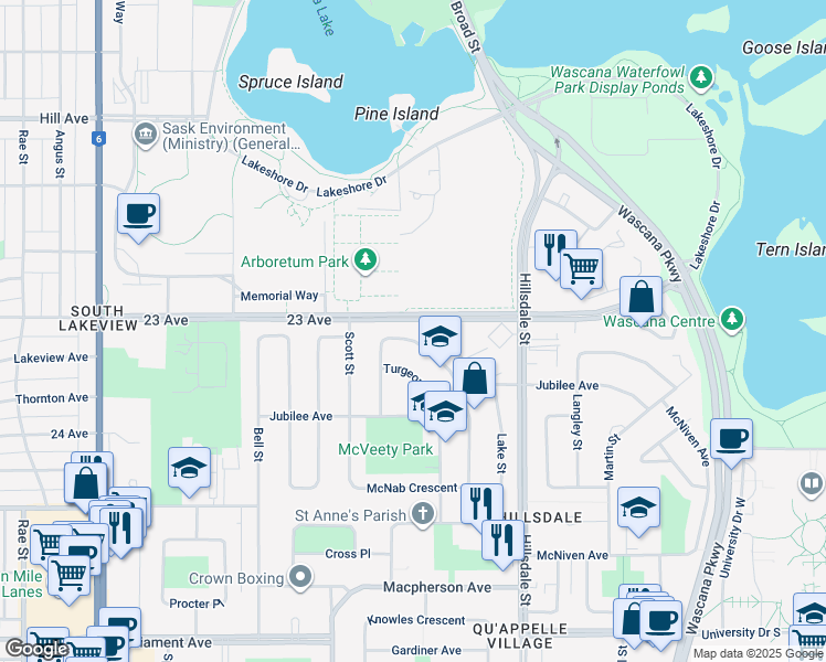 map of restaurants, bars, coffee shops, grocery stores, and more near 30 Motherwell Crescent in Regina