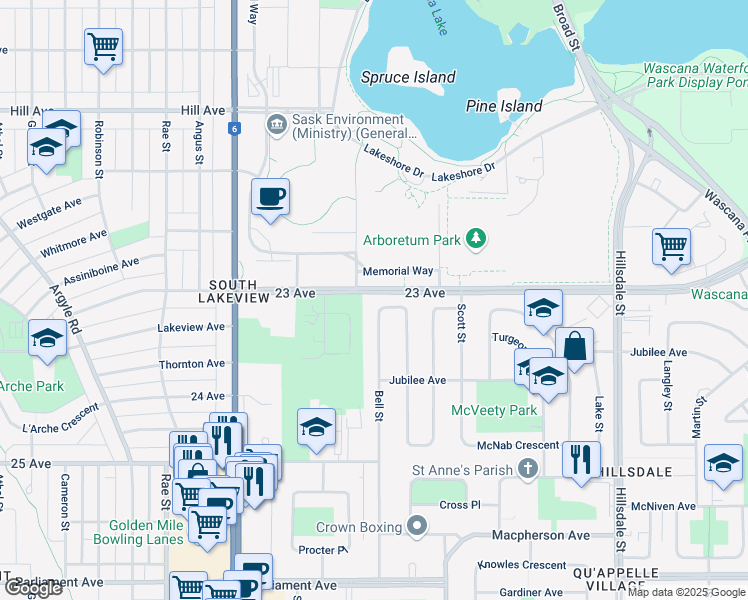 map of restaurants, bars, coffee shops, grocery stores, and more near 65 Calder Crescent in Regina