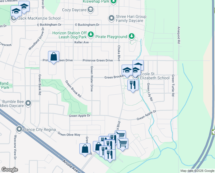 map of restaurants, bars, coffee shops, grocery stores, and more near Green Water Road in Regina