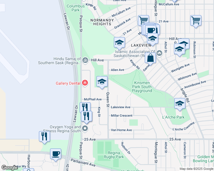 map of restaurants, bars, coffee shops, grocery stores, and more near 3500 Queen Street in Regina