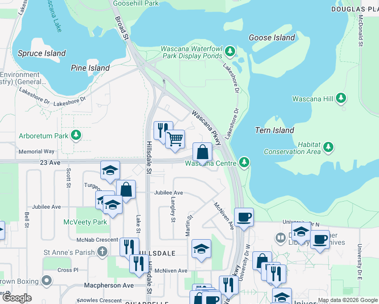 map of restaurants, bars, coffee shops, grocery stores, and more near 1336 Gryphons Walk in Regina