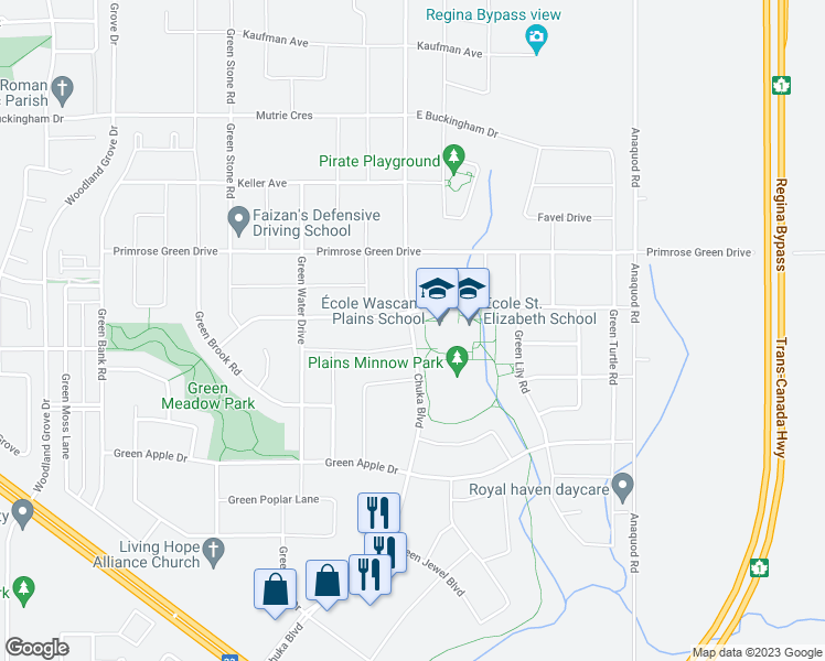 map of restaurants, bars, coffee shops, grocery stores, and more near Chuka Boulevard in Regina