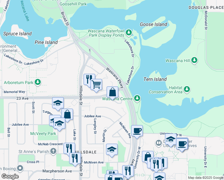 map of restaurants, bars, coffee shops, grocery stores, and more near 1002 Gryphons Walk in Regina