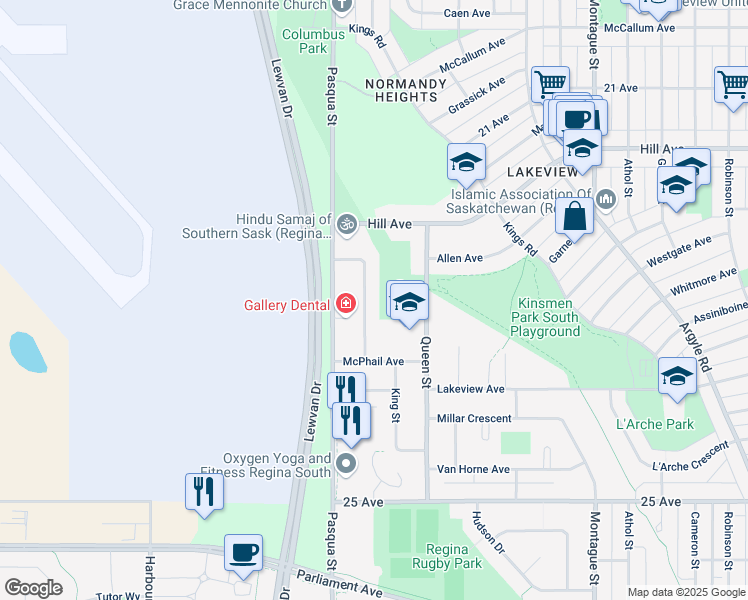 map of restaurants, bars, coffee shops, grocery stores, and more near 3500 Queen Street in Regina