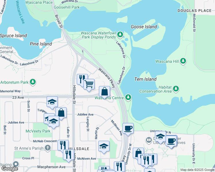 map of restaurants, bars, coffee shops, grocery stores, and more near 1026 Gryphons Walk in Regina
